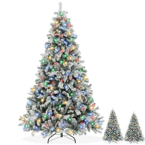 Pre-Lit Snow Flocked Artificial Christmas Tree with Multicolor Lights